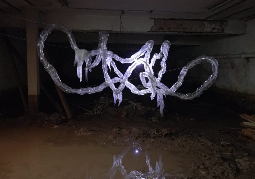 A light art project in an underground river